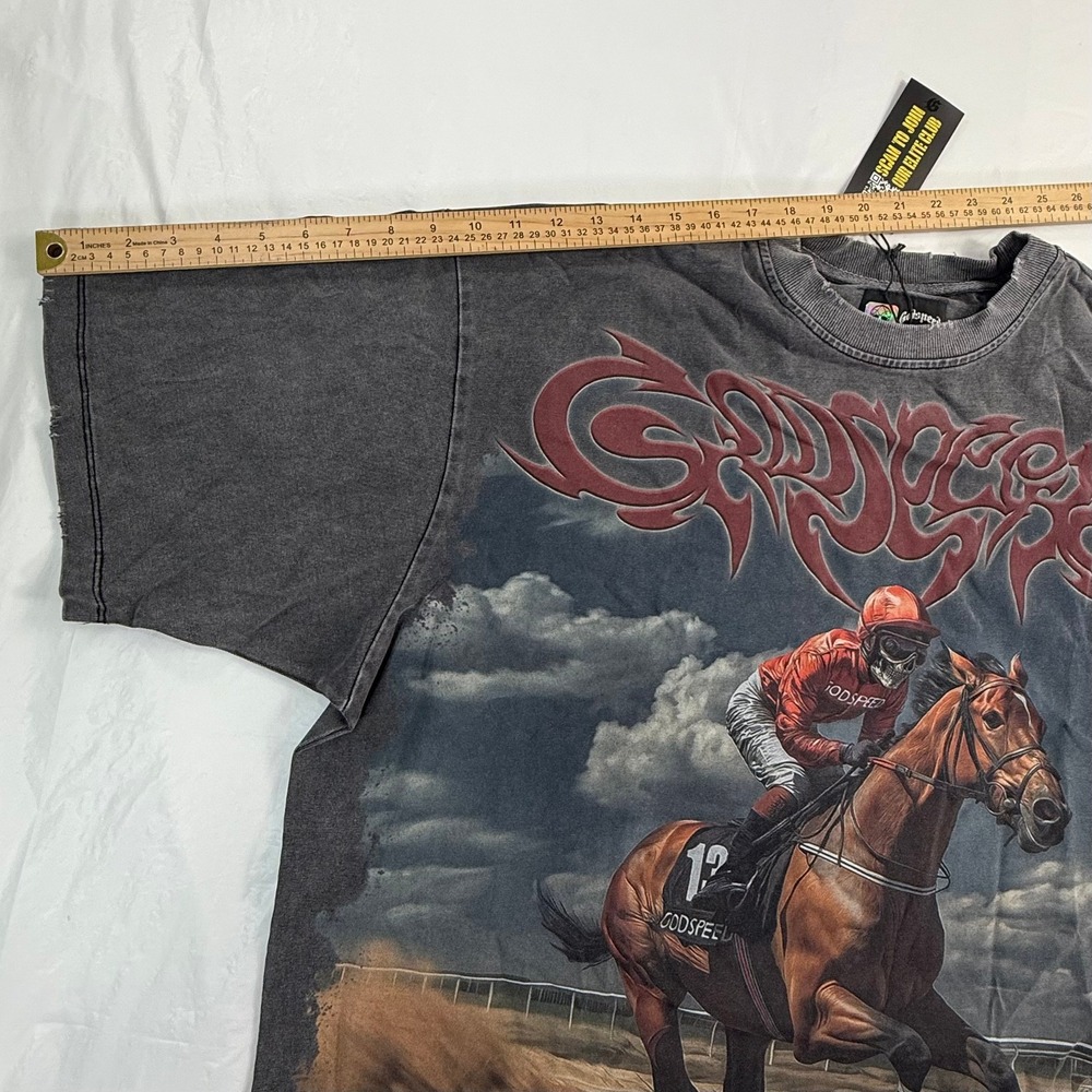 Godspeed Skeleton Horse Racing Graphic T-Shirt Charcoal Grey Mineral Wash New - Picture 7 of 14